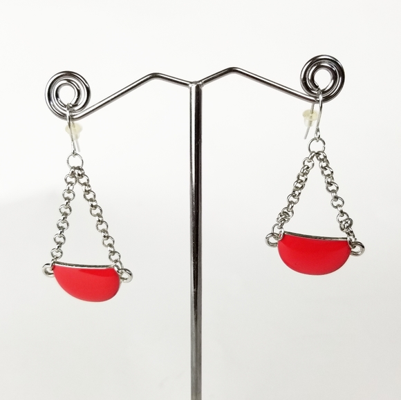 Retro Red Enamel & Silver Tone Necklace & Earrings - Picture 11 of 14